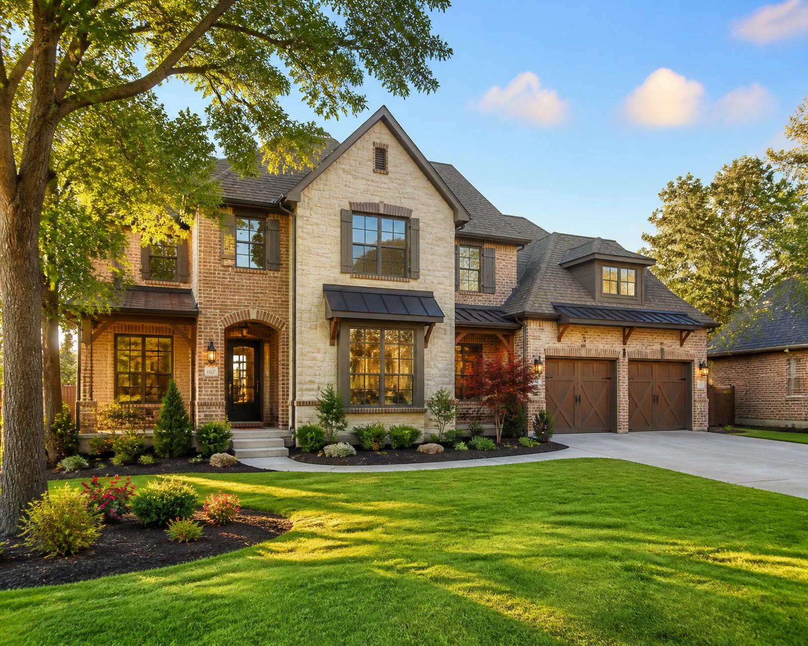 Well-maintained suburban home in Oklahoma with clean driveway, tidy landscaping, and mature shade trees
